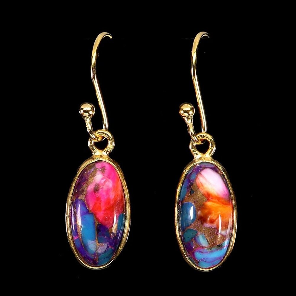 14K yellow gold/925 silver Kingman turquoise Multicolor Dangle Earrings NEW